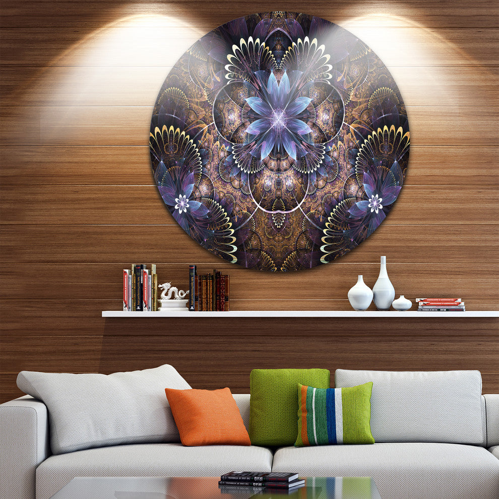 Fractal Glossy Blue Flower Digital Art, Floral Disc Metal Wall Art, 23"