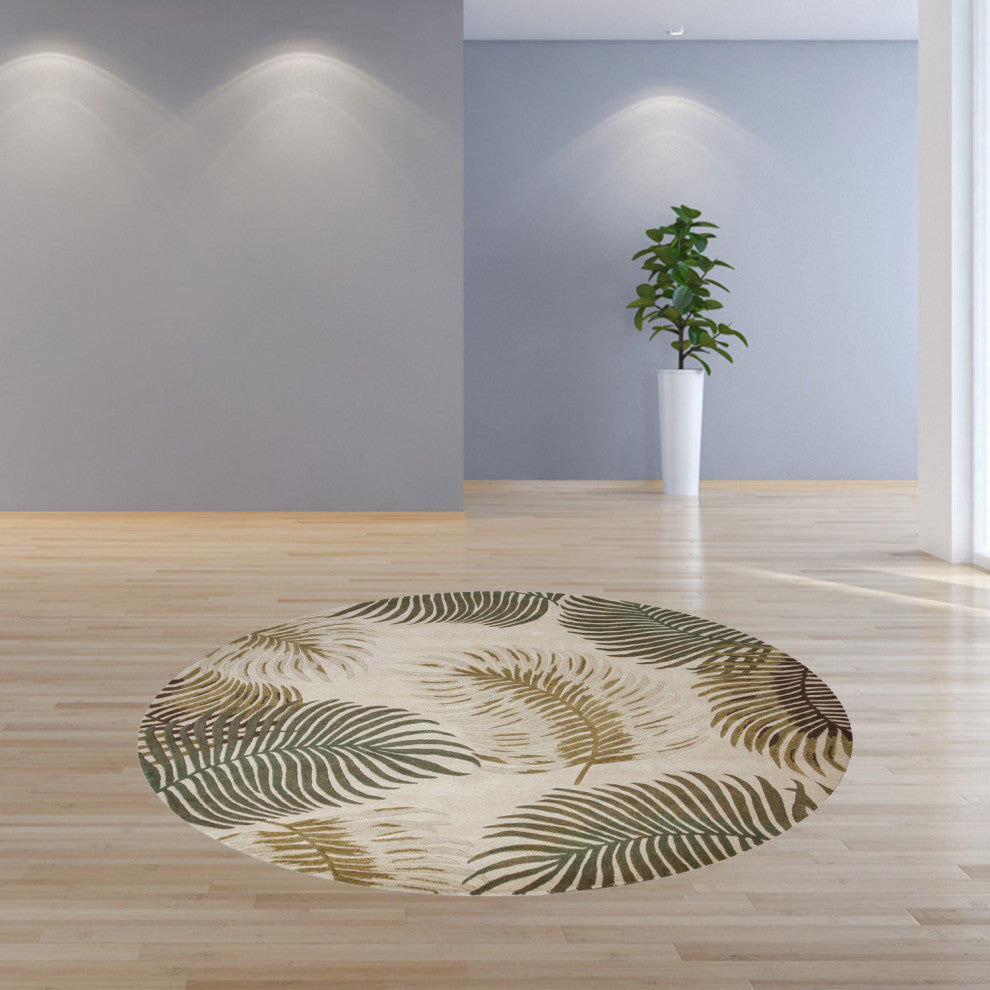 HomeRoots 8' Natural Beige Hand Tufted Tropical Leaves Round Indoor Area Rug