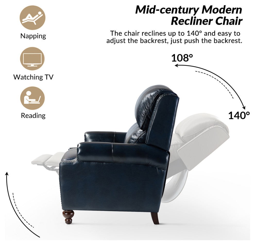 Genuine Leather Cigar Recliner With Nail Head Trim, Navy