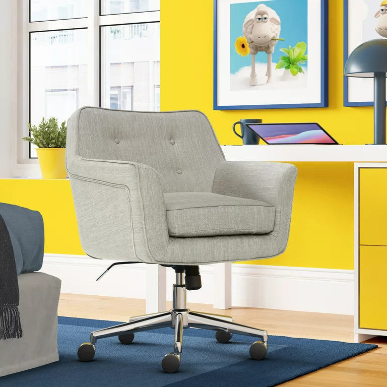 Swivel Office Chair, Memory Foam Seat & Button Tufted Back, Light Gray Fabric