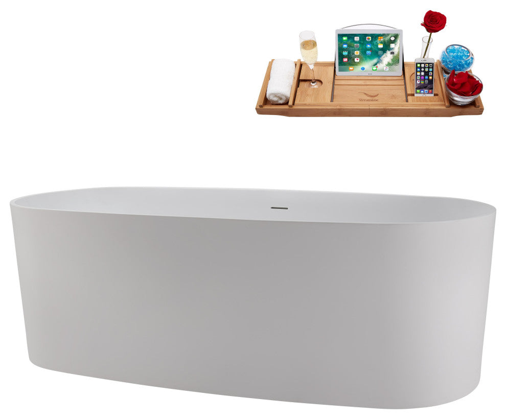 67" Streamline NS5800CH Matte White Stone Resin Bathtub, Tray With Chrome Drain