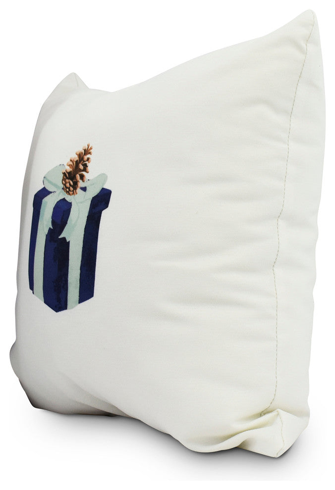Gift Wrapped Navy Blue Holiday Print Decorative Outdoor Throw Pillow, 18"