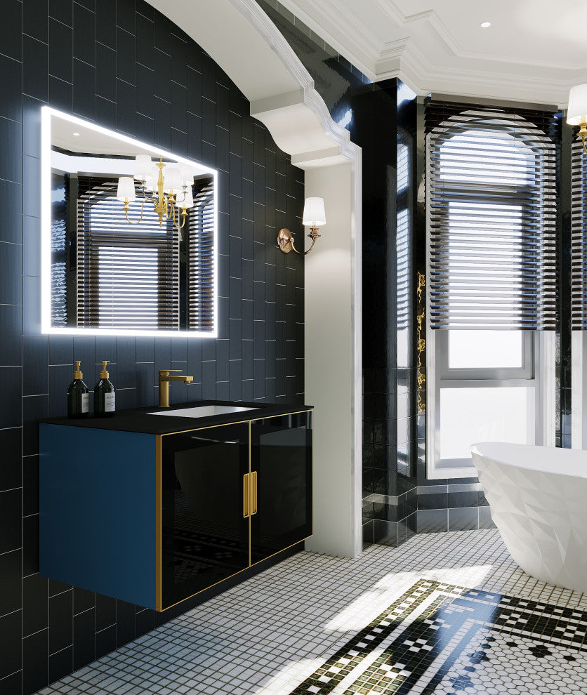 Solaria Glass Facade Floating Vanity, 36", Black Porcelain Top, Right Sink