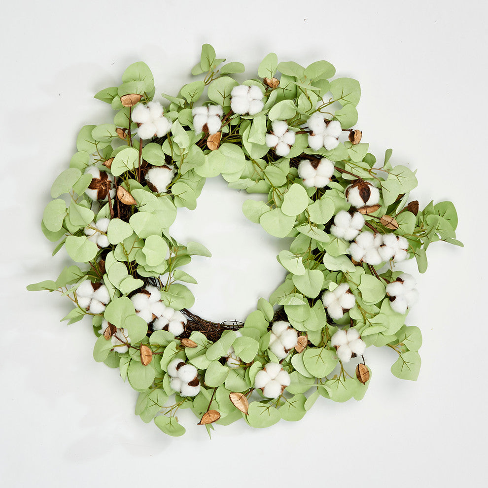 24" Cotton With Leaves Wreath