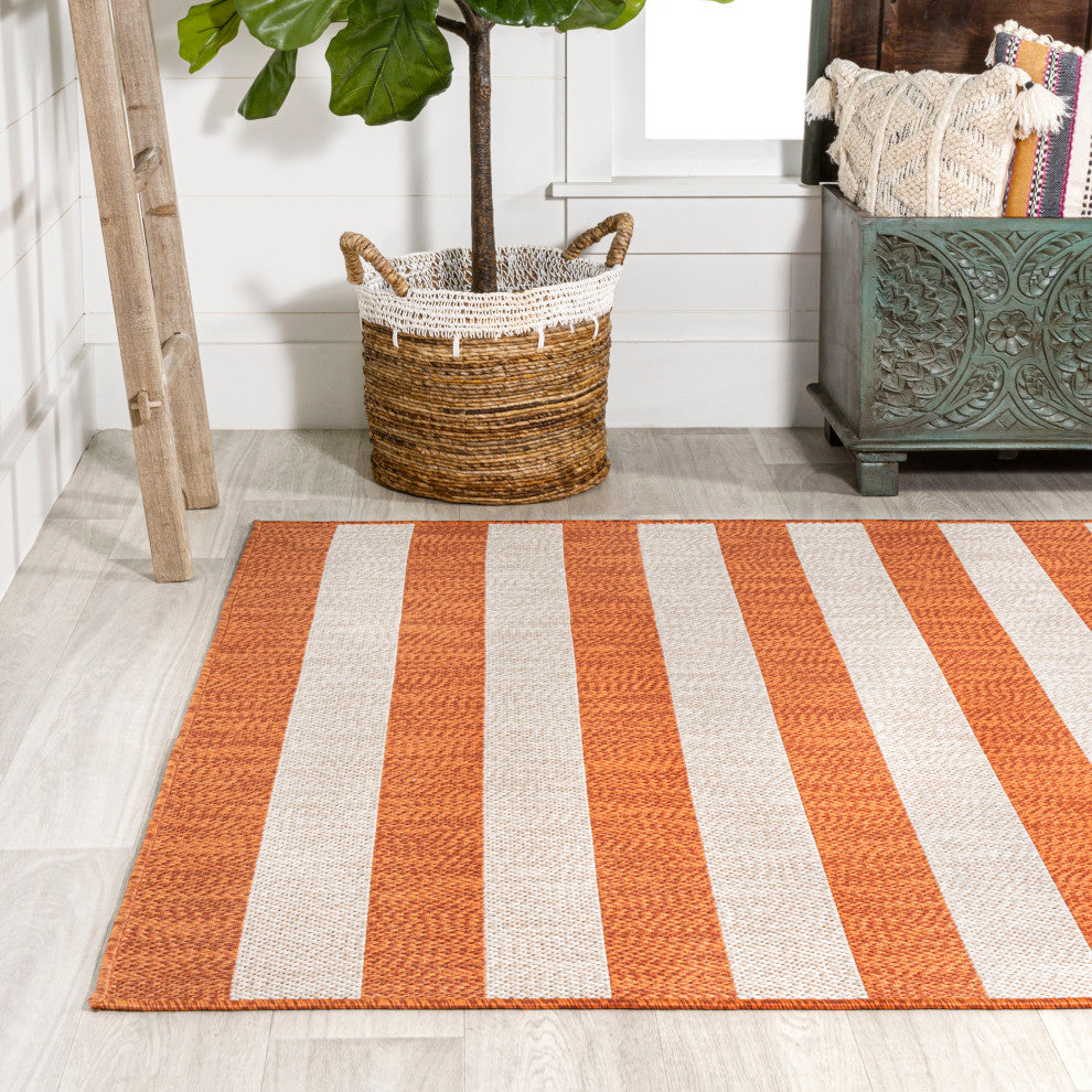 Negril Two-Tone Wide Stripe Indoor/Outdoor Area Rug, Orange/Beige, 3x5