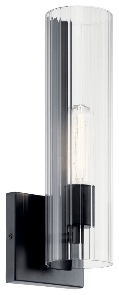 Jemsa 14" 1 Light Wall Sconce With Clear Fluted Glass, Black
