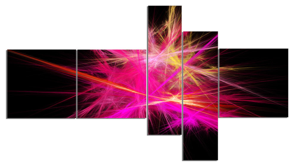Pink Fractal Chaos Multicolored Rays, Abstract Canvas Art, 60"x32", 5 panels