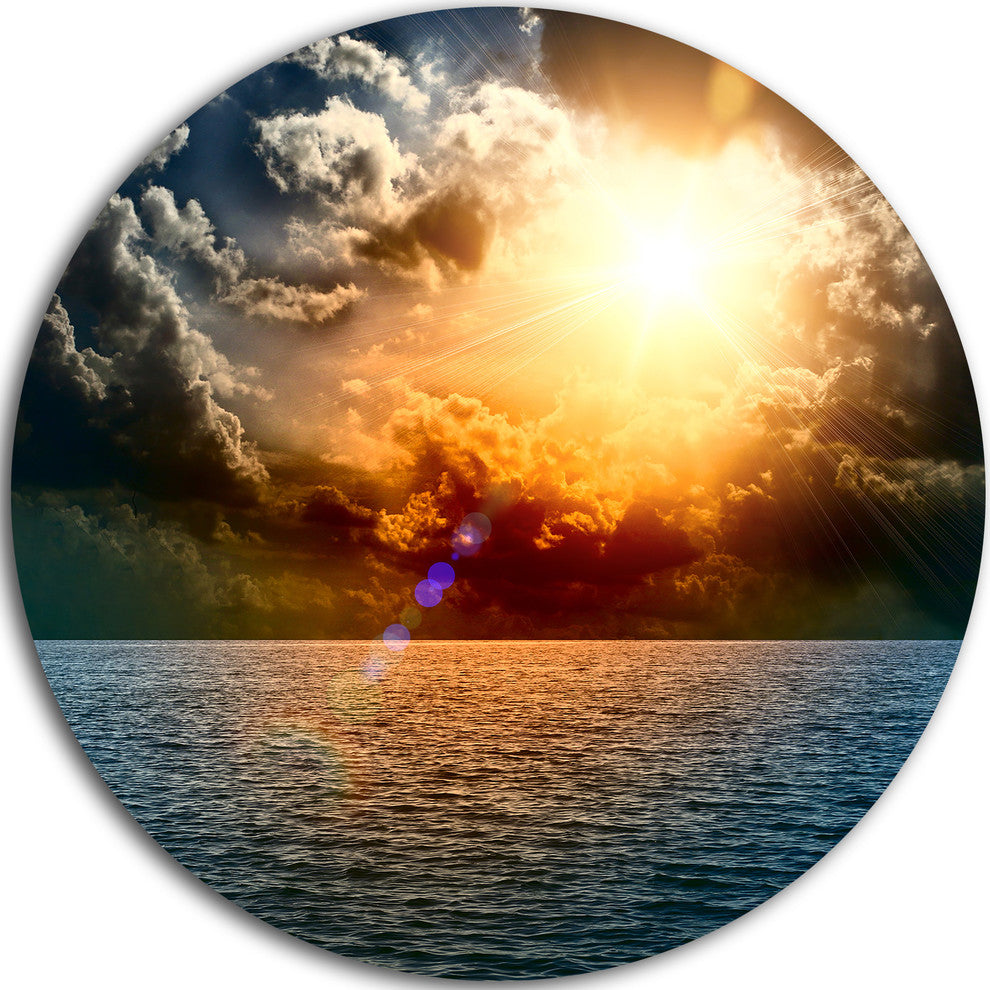Yellow Sunset In The Middle Of Ocean, Beach Disc Metal Artwork, 36"