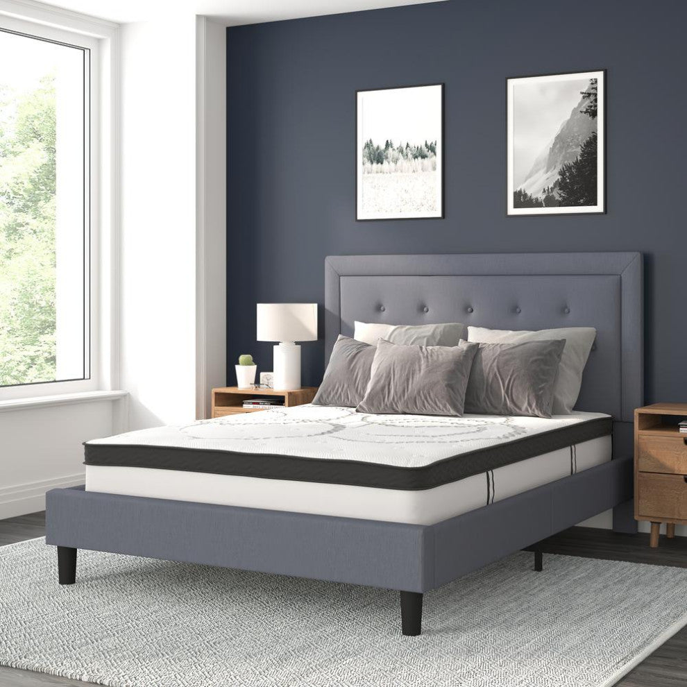 Roxbury Tufted Upholstered Platform Bed -10 Inch Foam & Pocket Spring Mattress, Light Gray, Queen