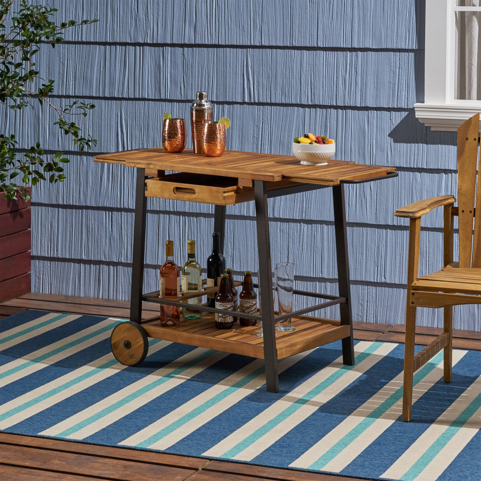 Michaela Outdoor Wood and Iron Bar Cart with Tray Top and Bottle Holders
