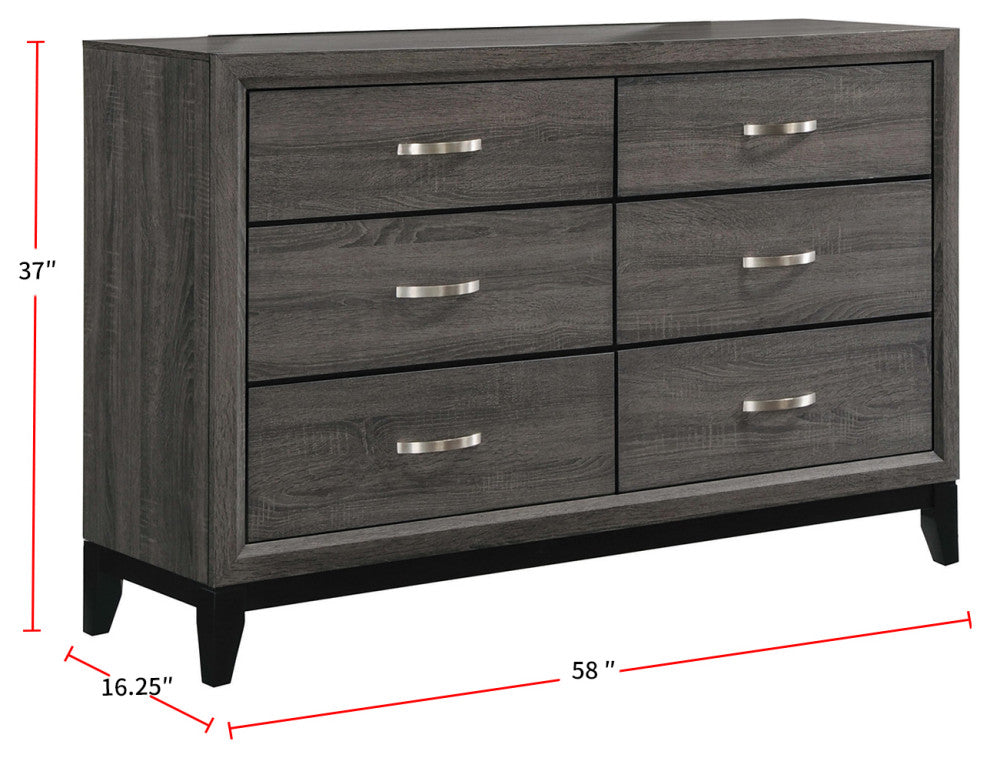 6 Drawers Dresser, Gray Oak And Black