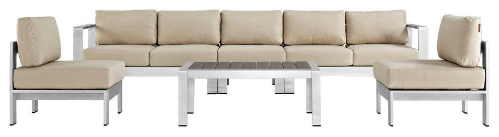 Modway Shore 6 Piece Outdoor Patio Aluminum Sectional Sofa Set, Silver Beige