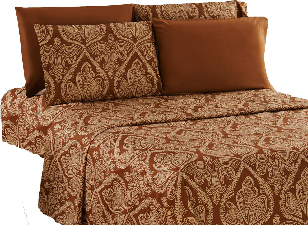 6 Piece: Luxury Paisley Printed Bed Sheet set, Twin 4 Piece, Chocolate, Twin