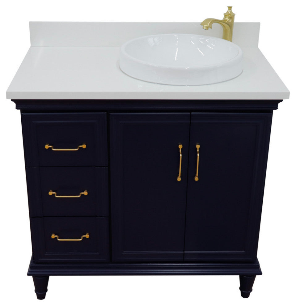 37" Single Vanity, Blue Finish With White Engineered Stone Top