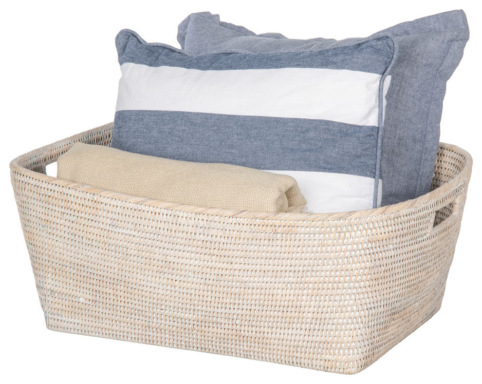 La Jolla Rattan Oblong Storage Basket, Large, White-Wash