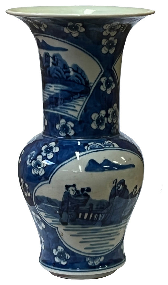 Vintage Chinese Blue White Porcelain Scenery Wide Mouth Vase Hws2512