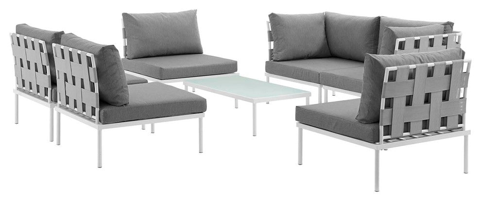Modern Urban Outdoor Patio 7-Piece Sectional Sofa Set, Gray White Gray, Rattan