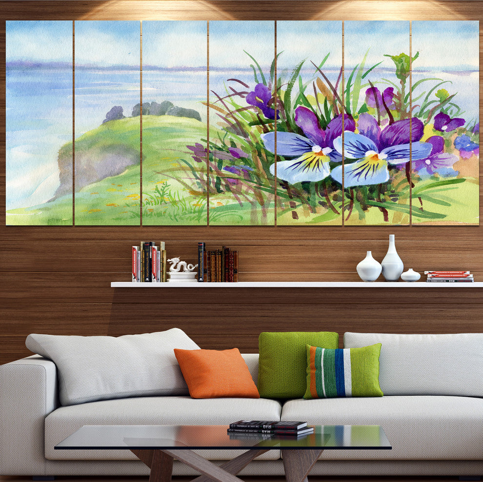 Spring Violet Flowers on Mountain, Floral Canvas Art Print, 83"x32", 7 Panels
