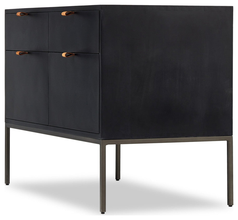 Trey Modular Wide Filing Cabinet Black Wash Poplar, Natural Iron, Toffee Leather