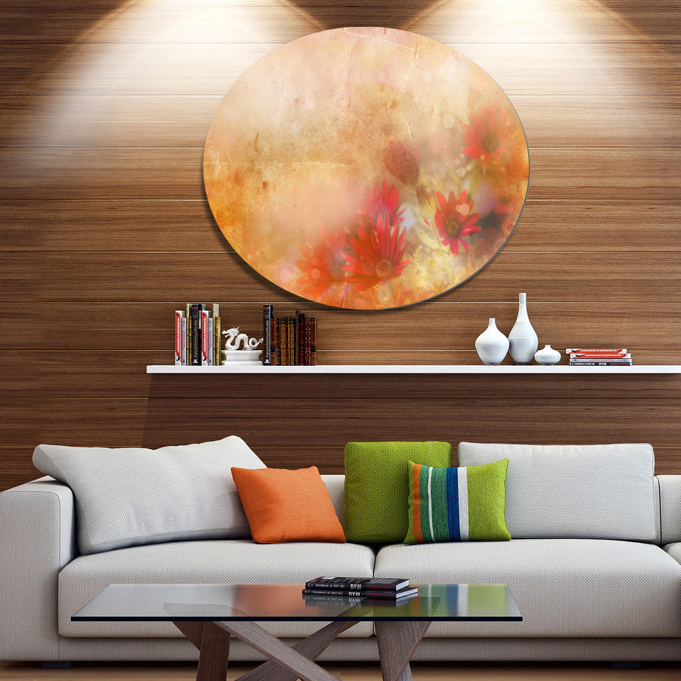 Red And Pink Flowers On Brown, Floral Disc Metal Wall Art, 11"
