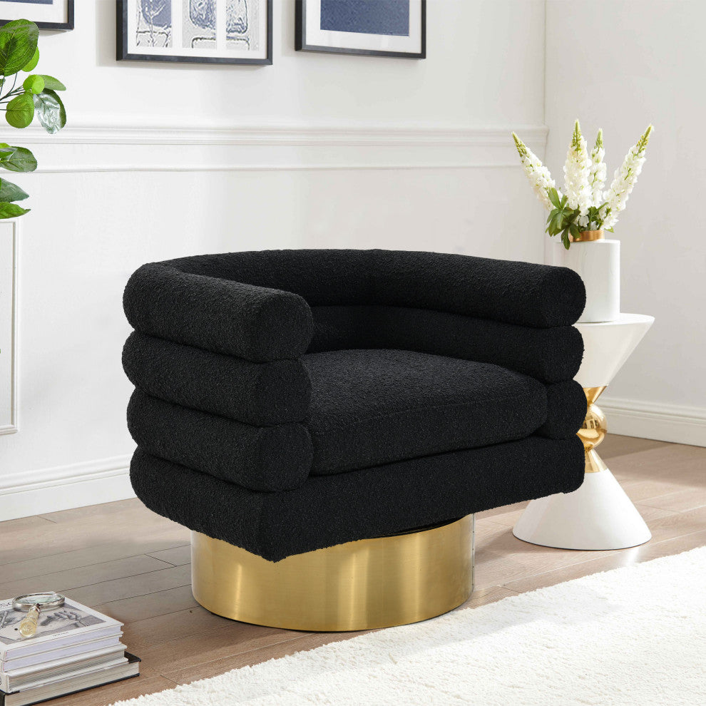 Dexter Boucle Fabric Swivel Accent Chair, Gold Base, Black