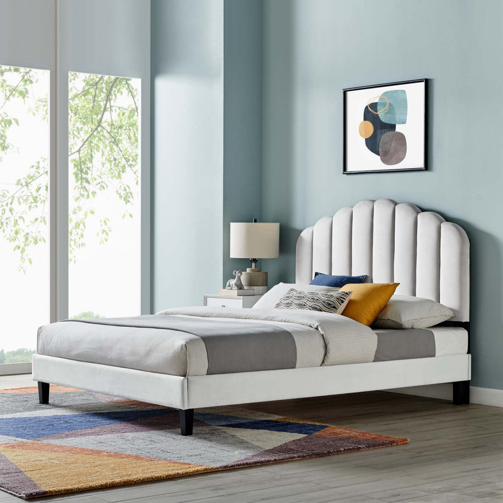 Platform Bed Frame, King Size, Gray, Velvet, Modern, Bedroom Guest Suite