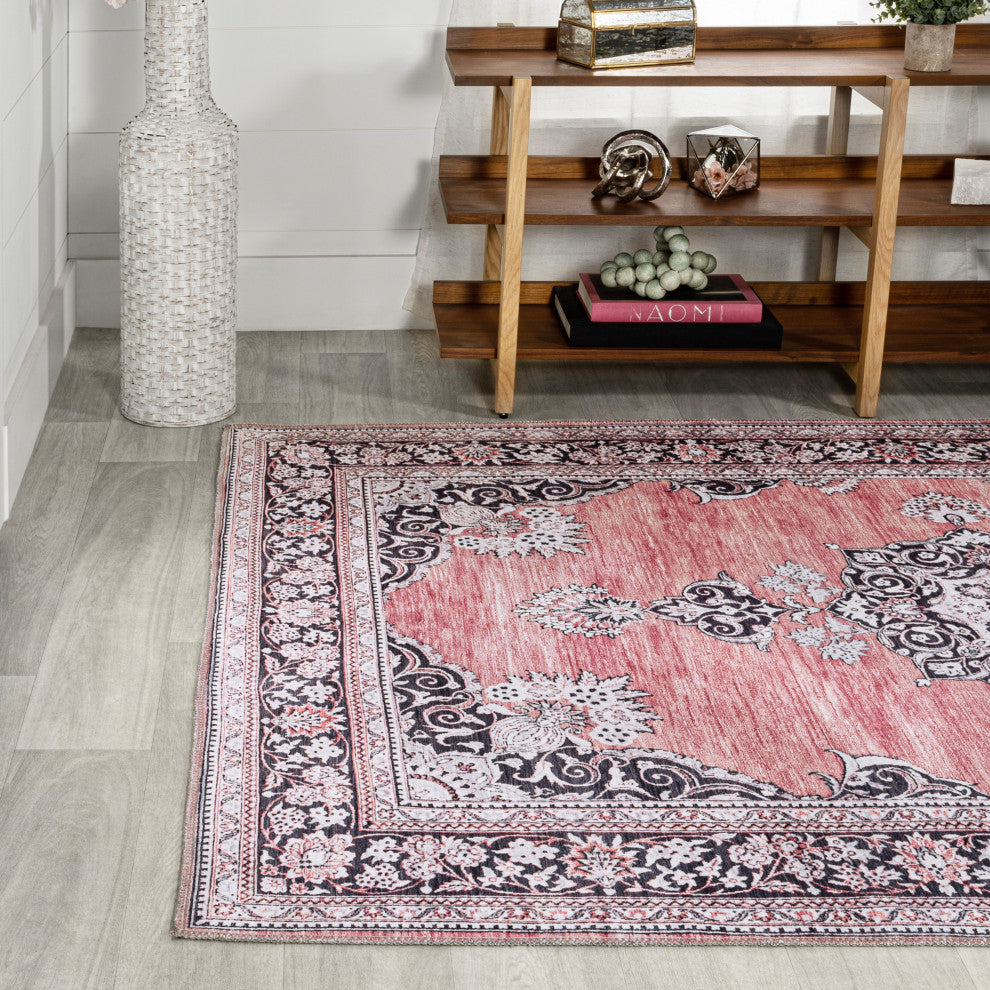 Bausch Distressed Chenille Washable Dark Pink/Black/White 5 ft. x 8 ft. Area Rug