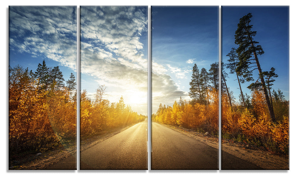 Road in Fall Forest Panorama, Landscape Canvas Art Print, 48"x28", 4 Panels