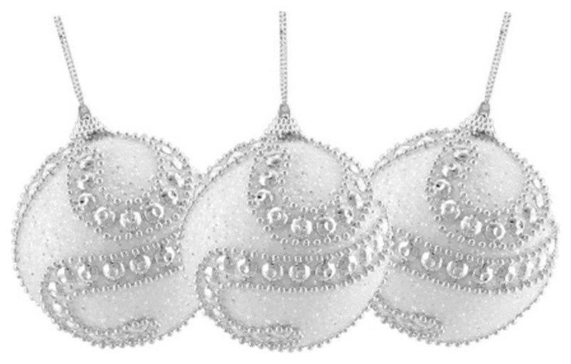 White and Silver Beaded and Glittered Christmas Ornaments, Set of 3