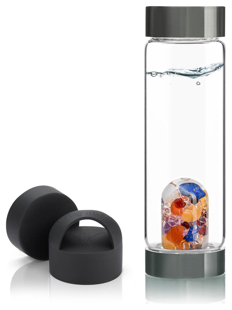 Water Bottle, VitaJuwel ViA Gemwater Bottle, Black Loop Caps, Ayurveda