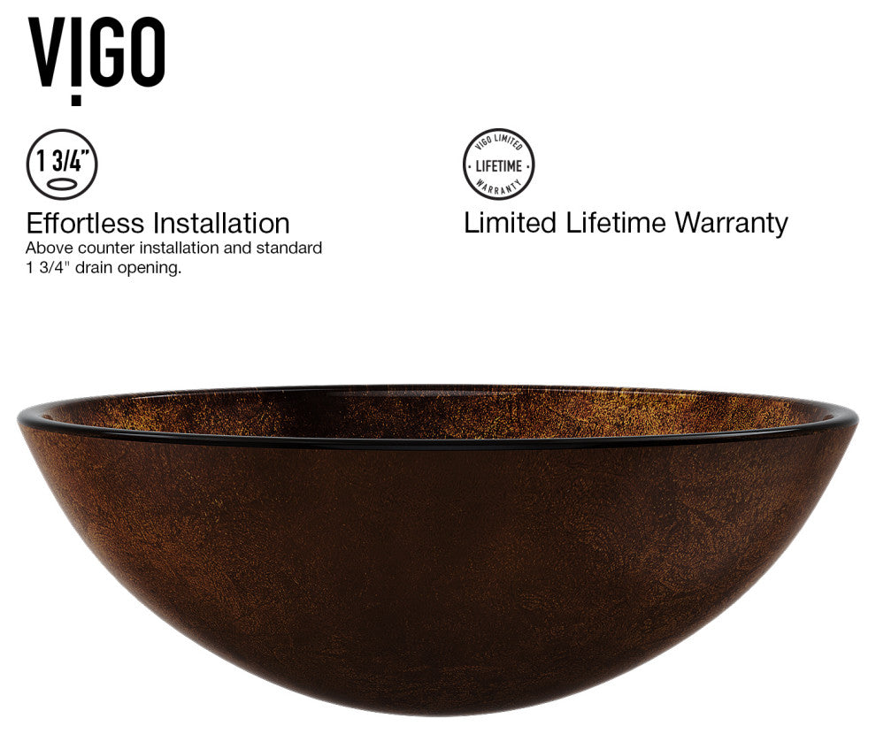 VIGO Giovanni 17"L x 17"W x 6"H Glass Round Vessel Bathroom Sink, Gold and Brown Fusion