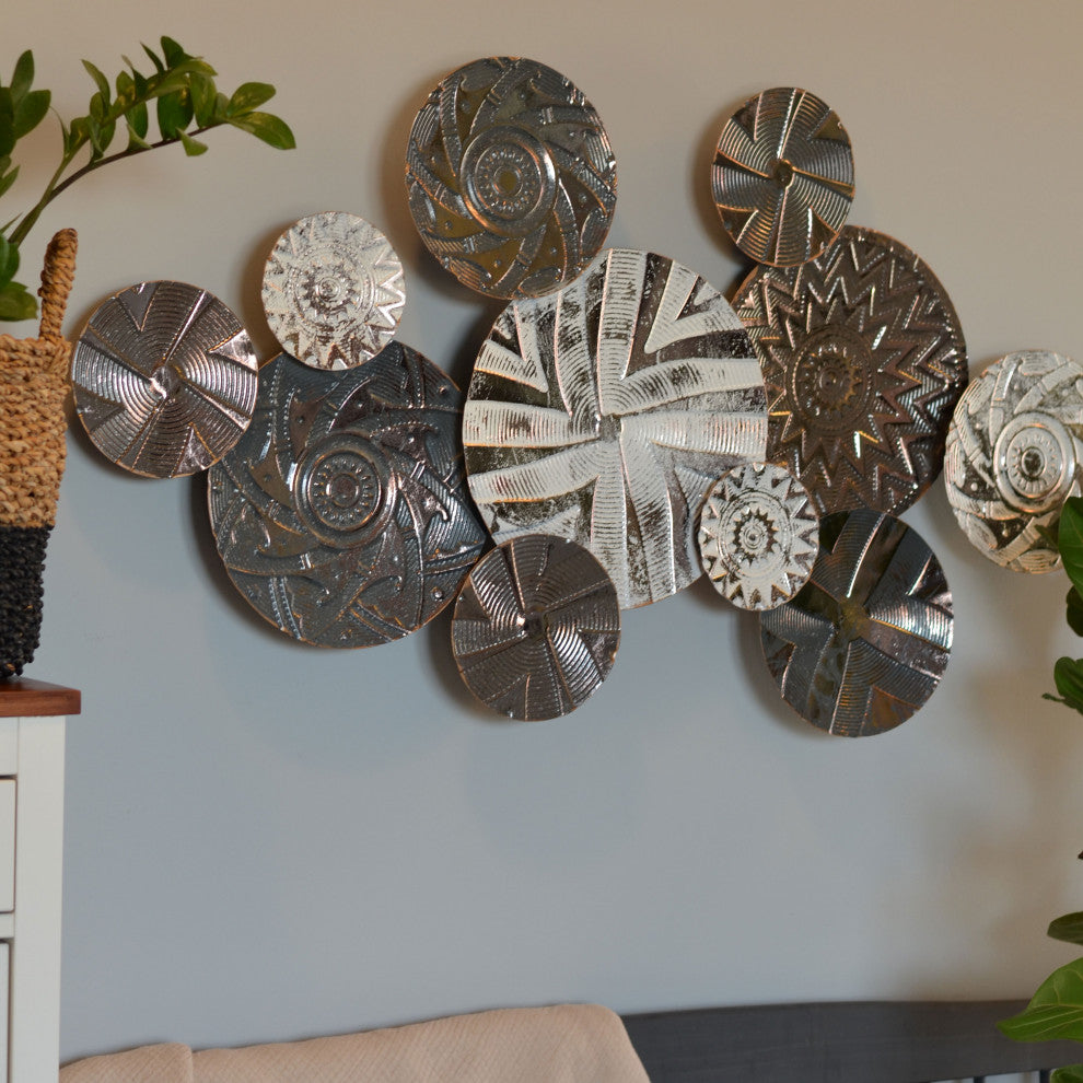 Modernist Floating Roundels, Atelier Metal Wall Decor, Gray White Washed Patina