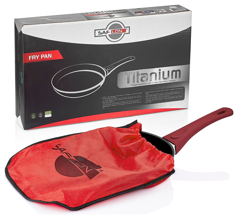 Saflon Titanium Nonstick Fry Pan, 4mm Forged Aluminum, PFOA Free, Red, 8"