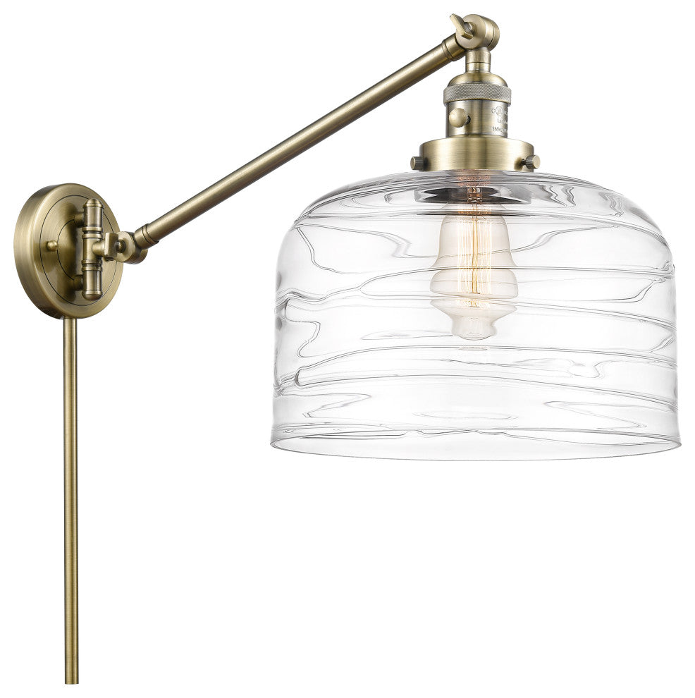 Bell Swing Arm With Switch, Antique Brass, Clear Deco Swirl, Clear Deco Swirl