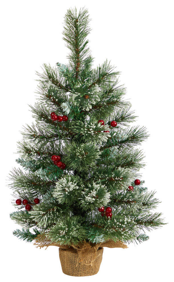 2' Snow Tipped Pine & Berry Faux Xmas Tree W/Warm White LED Lights, Burlap Base