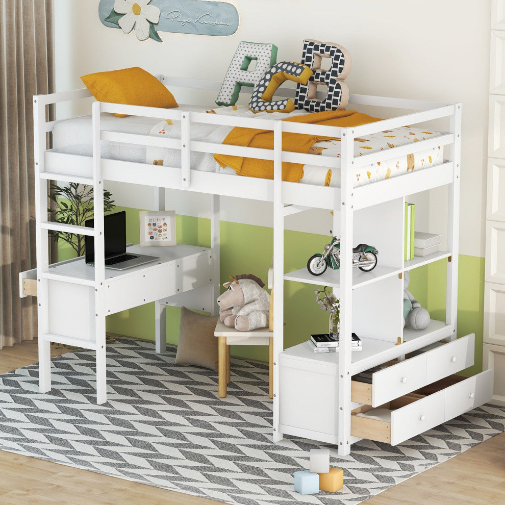 Gewnee Twin Size Loft Bed with Built-in Desk with Two Drawers