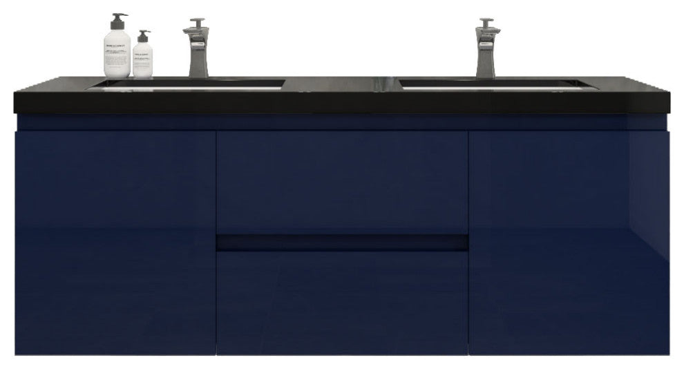 Belli 60" Double Sink Wall Mount Vanity Set, High Gloss Blue, Matt Black Top