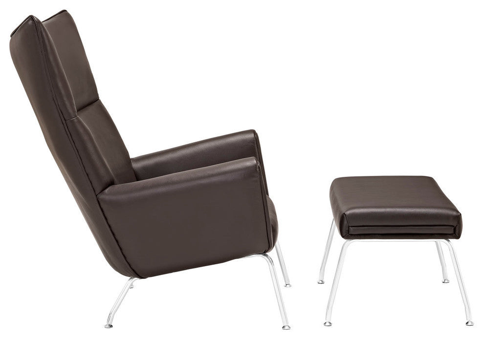 Modern Contemporary Living Room Leather Lounge Chair and Ottoman Dark Brown