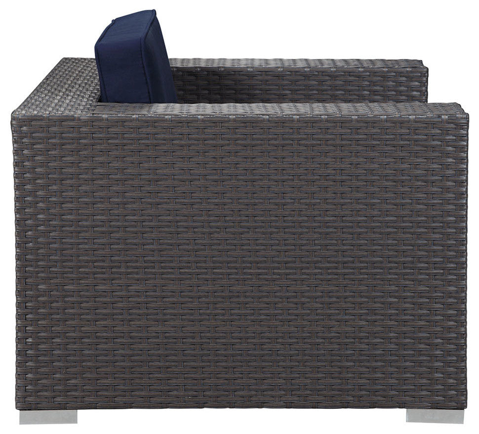 Modern Contemporary Outdoor Patio Armchair, Navy, Fabric, Synthetic Rattan