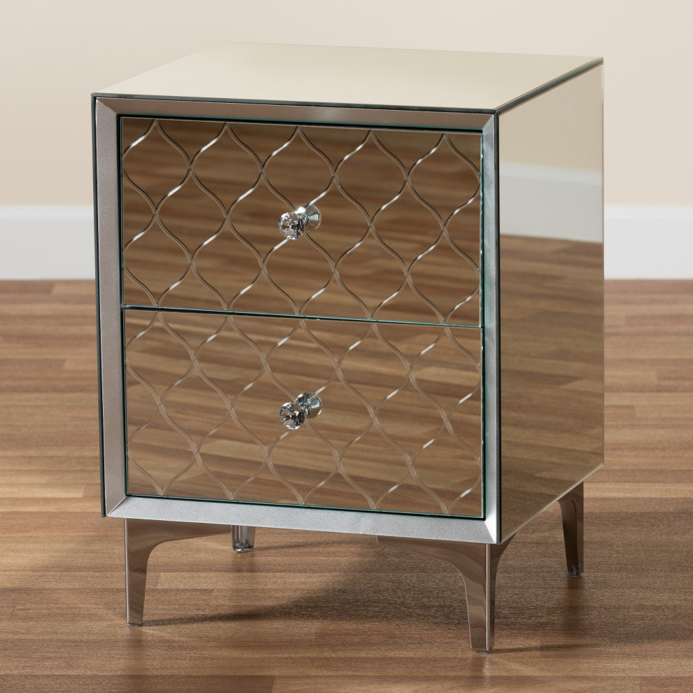 Kacela Silver Finished Metal 2-Drawer Nightstand with Mirrored Glass