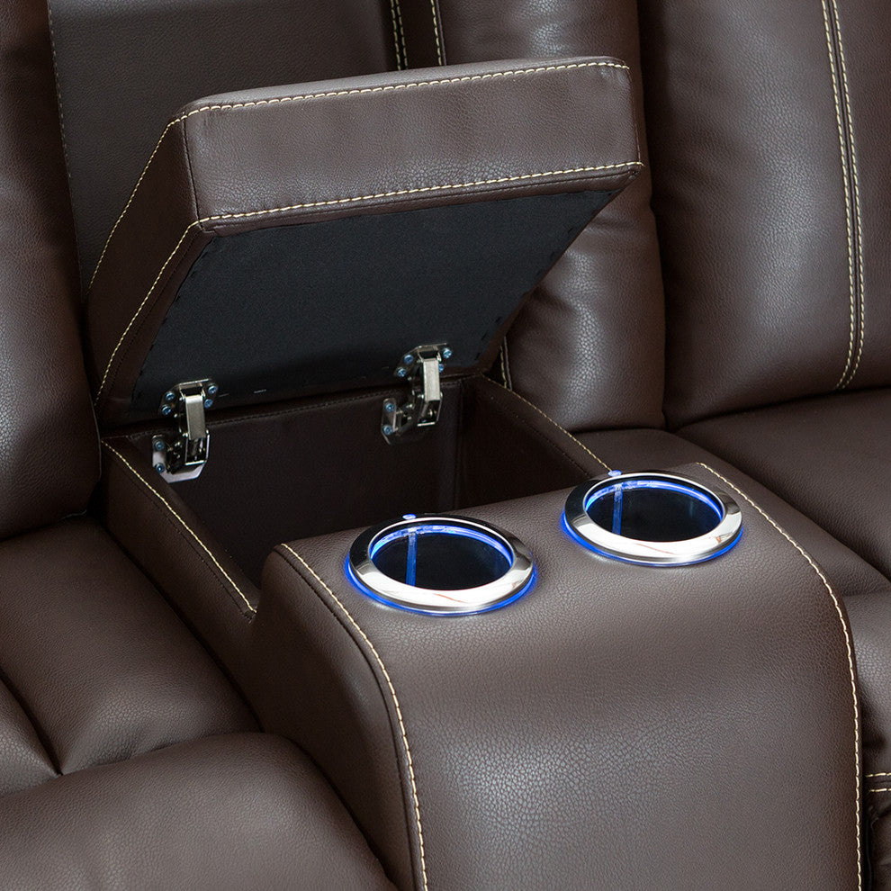 Seatcraft Republic Leather Home Theater Seating Power Loveseat, Brown