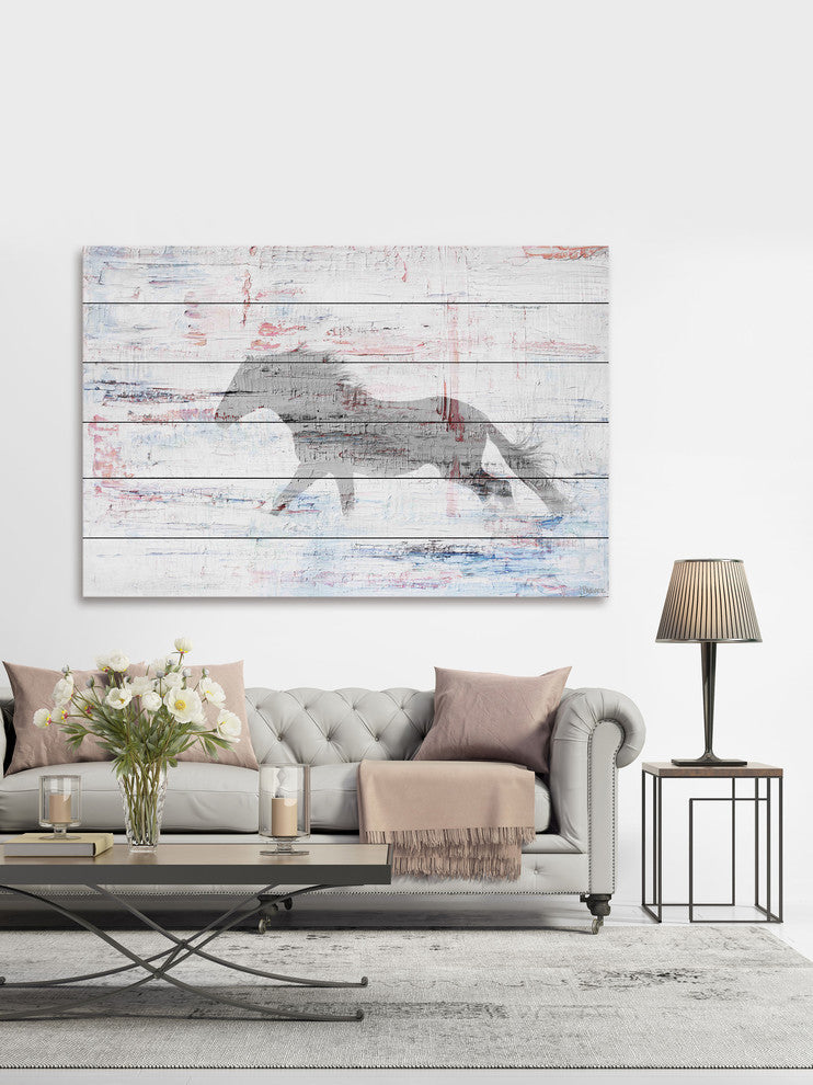 "Grey Horse Trot" Painting Print on White Wood, 24"x16"