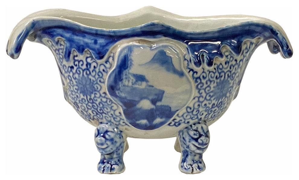 Chinese Oriental Blue Off White Porcelain Graphic Container Planter Hws1793