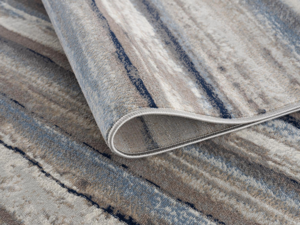 8"x11" Blue and Beige Distressed Stripes Area Rug
