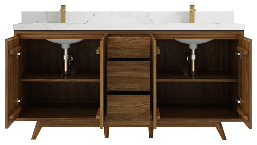Madison Teak 72 Double Sink Bath Vanity in Dark Natural 2" Calacatta Nuvo