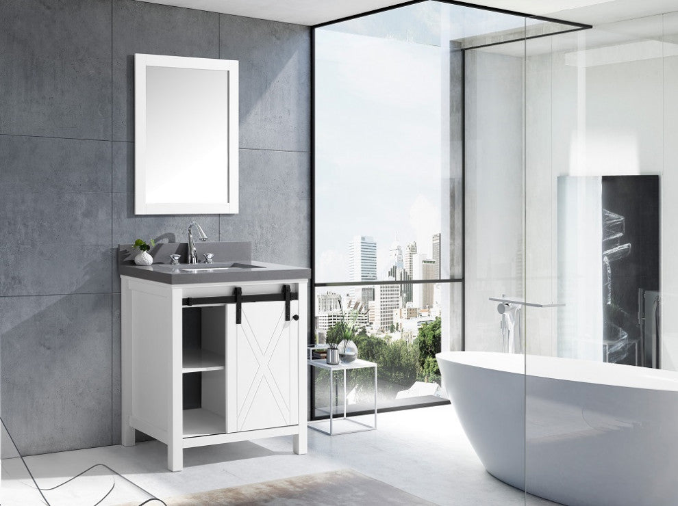 Marsyas Veluti 30" Single Vanity Cabinet Gray Quartz Top Sink, 28" Wall Mirror