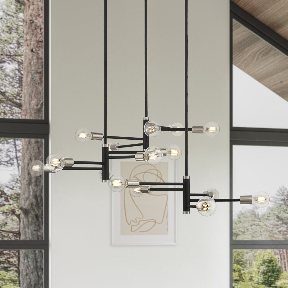 15 Light Black Extra Large Chandelier, Brushed Nickel Accents