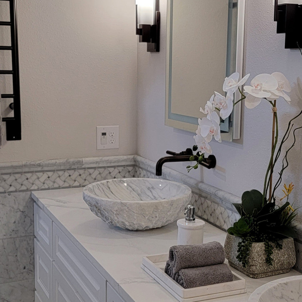 Natural Carrara White Marble Chiseled Stone Vessel Sink and Drain, Brushed Nickel