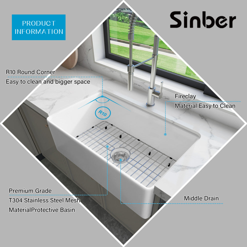 Sinber Farmhouse Apron Single Bowl Kitchen Sink with Fireclay 2 Accessories, White, 30" X 18"