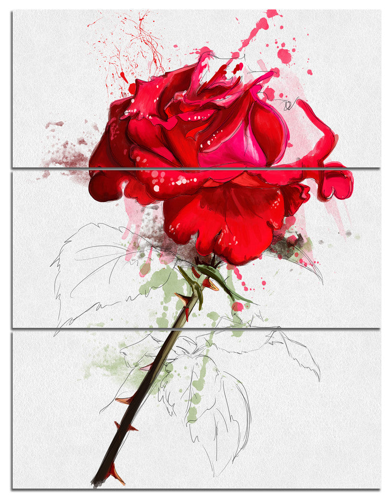Rose Sketch with Stem on White, Flower Artwork on Canvas, 28x36, 3 Panels